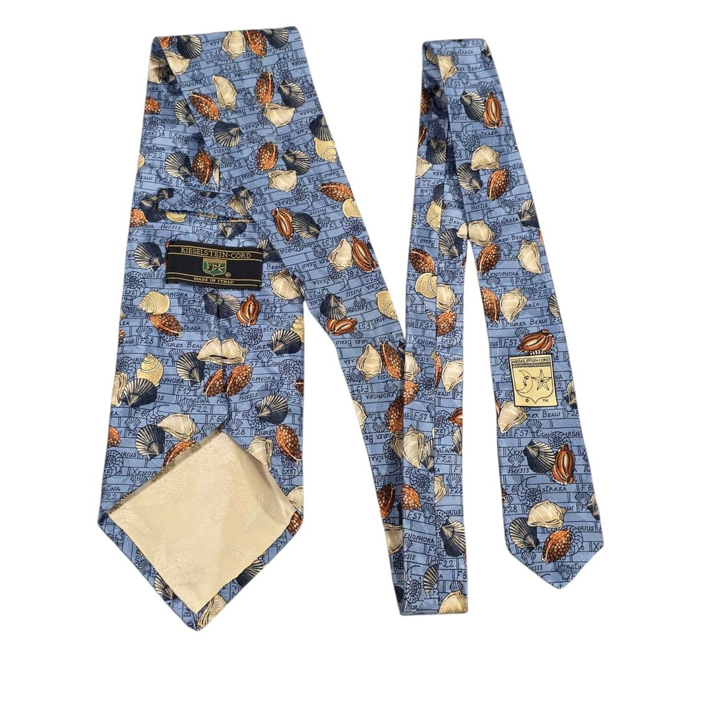 Kieselstein-Cord Silk Shell Print Necktie Blue Made in Italy Designer Luxury
